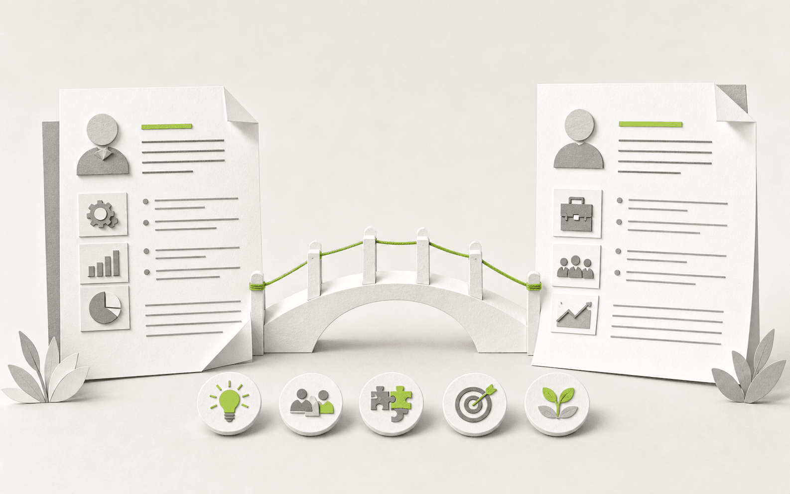 Two paper resumes connected by a bridge to represent a career transition