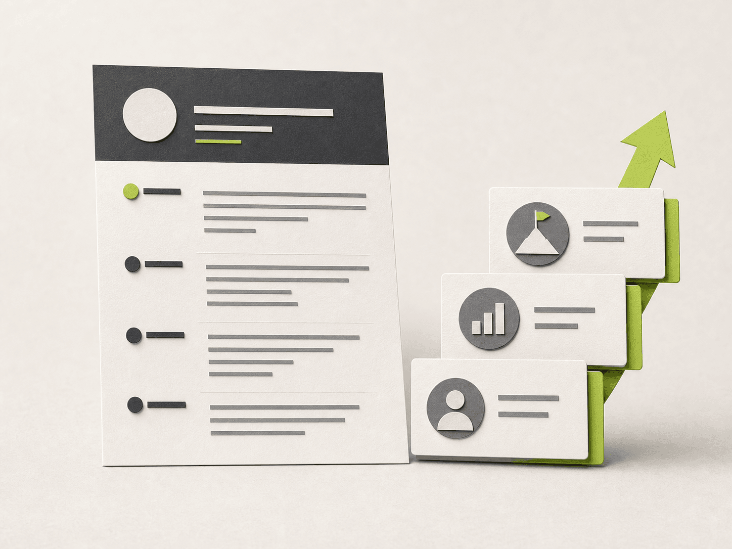 Paper collage of a concise professional resume and career progression