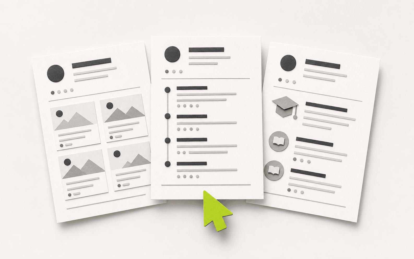 Three paper resume layouts, each led by a different type of experience