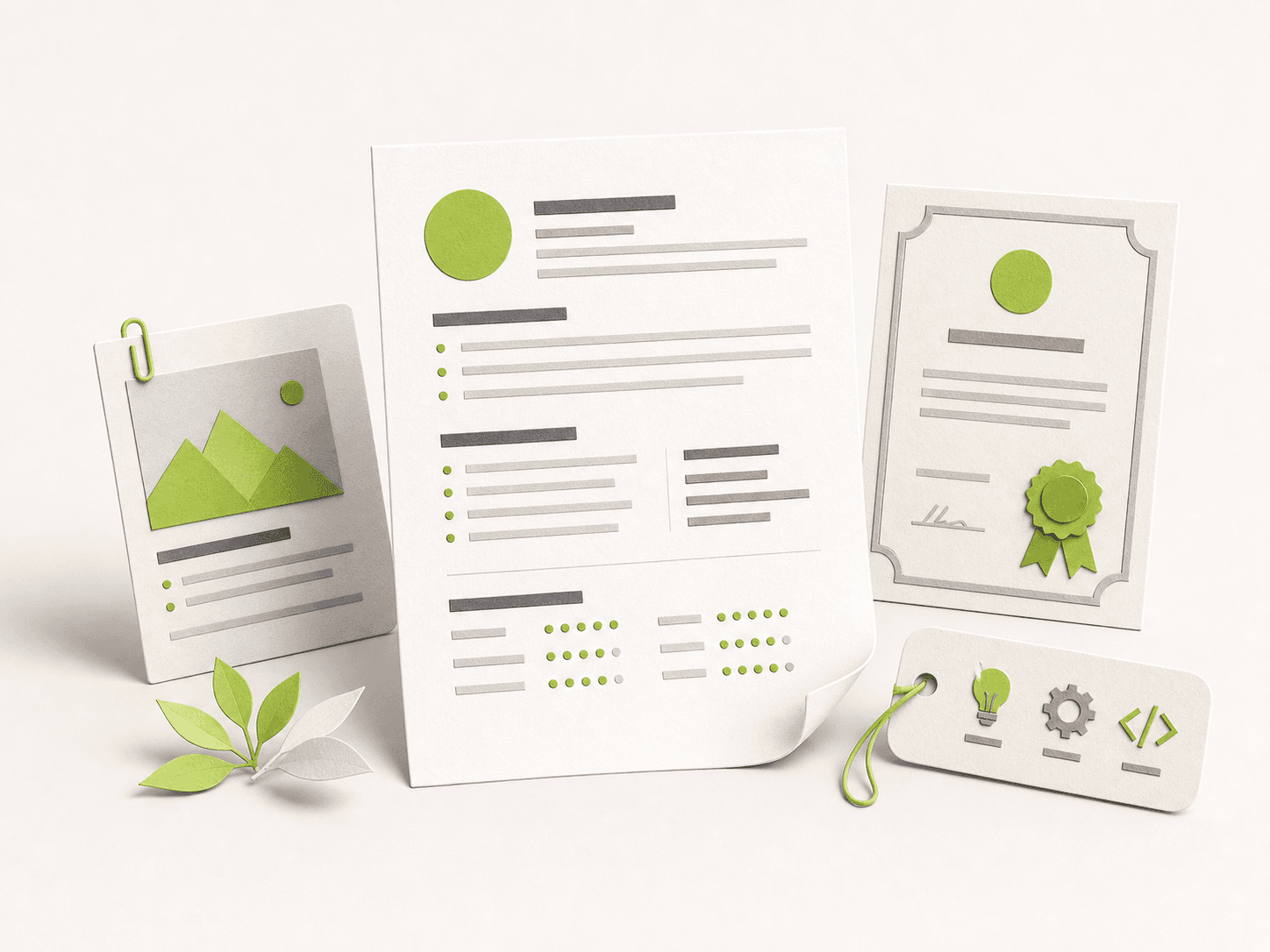 Paper collage of a student resume, project work, and a certificate