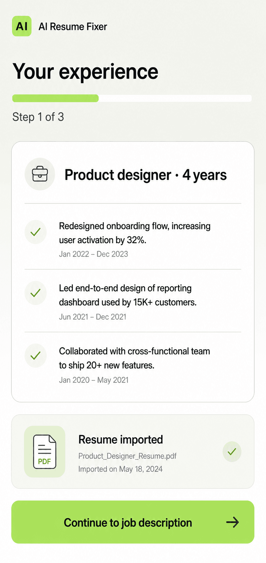 AI Resume Fixer experience profile with imported resume evidence