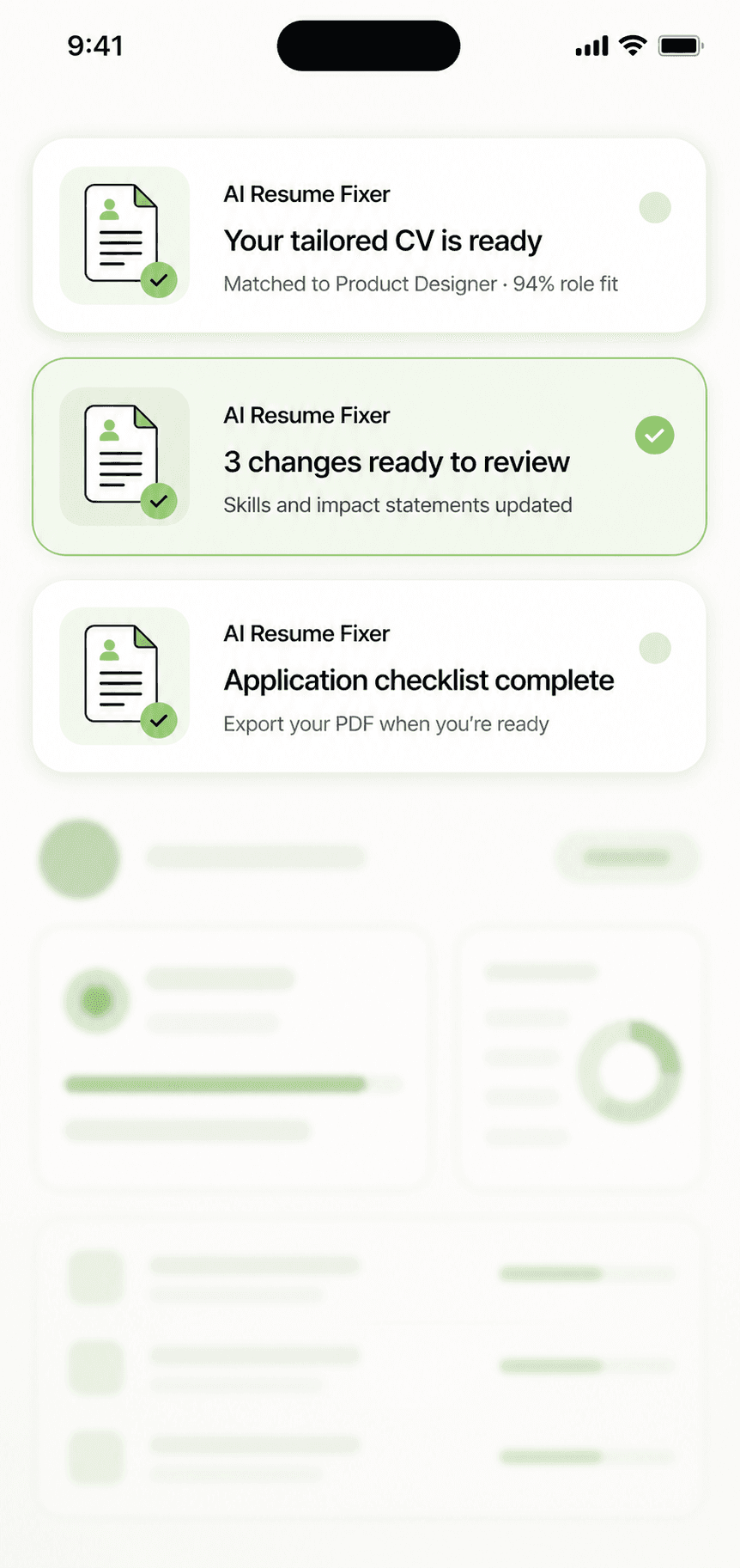 AI Resume Fixer mobile notifications showing a tailored CV ready to review